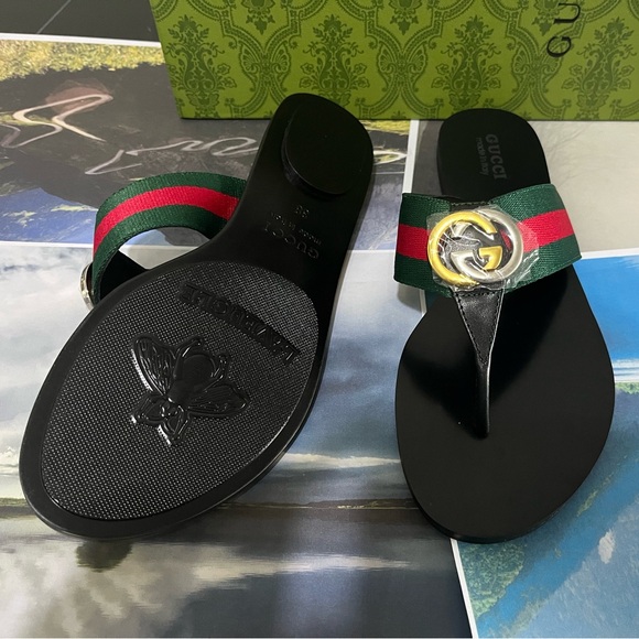 Gucci Black and Red Green Stripe Sandals - Picture 2 of 4